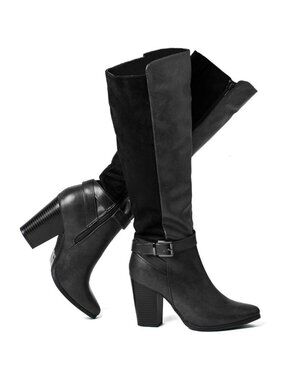 Women's Heeled Knee High Boots Zip Up Chunky Heel Tall Fashions Black Boots